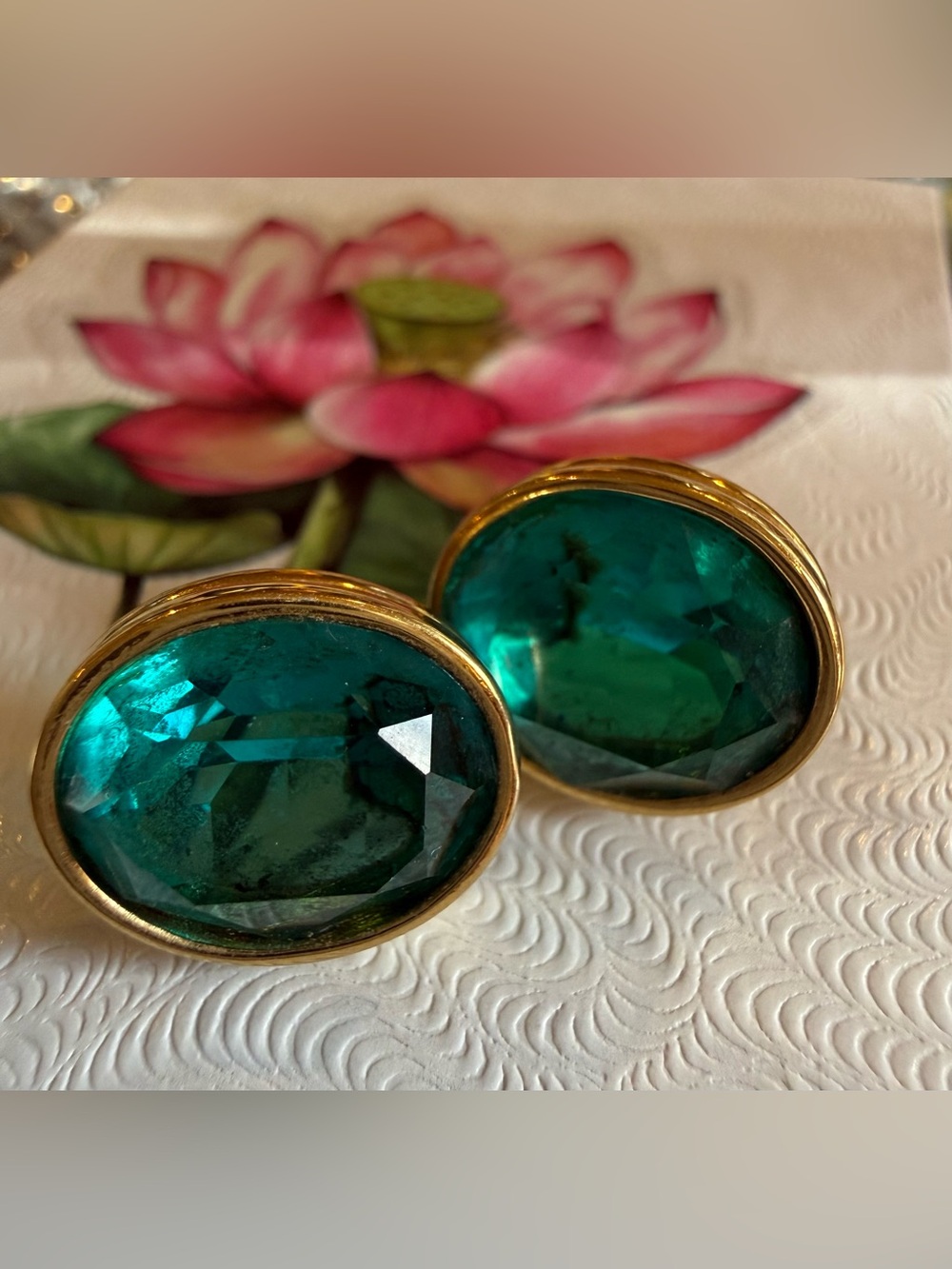 Vintage “ Givenchy” Earrings multi faceted Teal Green Glass Cabochon